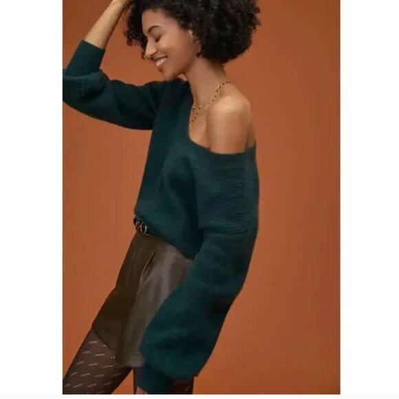 NWT Maeve Anthropologie Emerald Green V-Neck Sweater M medium - Picture 1 of 8